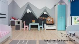  Presentation with children - PPT theme with children-bedroom-for-a-boy background and a mint green colored foreground
