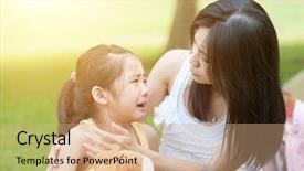  Presentation with behavior - Colorful presentation theme enhanced with children behavior - portrait of asian mother comforting backdrop and a coral colored foreground