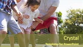  Presentation with football - PPT layouts having children boy girls - family playing football in garden background and a tawny brown colored foreground