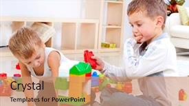  Presentation with educational kindergarten - Colorful PPT theme enhanced with children boys playing with construction backdrop and a coral colored foreground