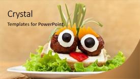  Presentation with breakfast sandwich - Beautiful presentation theme featuring children breakfast - funny meatball sandwich with vegetables backdrop and a yellow colored foreground