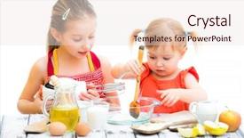  Presentation with two cute sisters playing - Presentation theme featuring children breakfast - two little sisters cooking isolated background and a lemonade colored foreground
