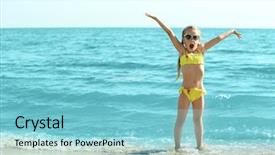  Presentation with girl running on the beach clouds - Slide set consisting of children bright - cute girl having fun background and a  colored foreground