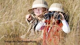 Presentation with safari - Theme with children brother and sister playing outdoors pretending to be on safari and having fun together with binoculars and hats background and a coral colored foreground