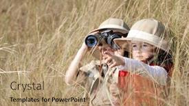  Presentation with safari - Colorful PPT layouts enhanced with children brother and sister playing outdoors pretending to be on safari and having fun together with binoculars and hats backdrop and a coral colored foreground