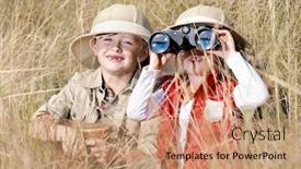  Presentation with children playing - Theme enhanced with children brother and sister playing outdoors pretending to be on safari and having fun together with binoculars and hats background and a coral colored foreground