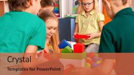  Presentation with spiritual building blocks - Presentation design featuring children building blocks in kindergarten background and a red colored foreground