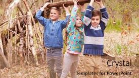  Presentation with camp - Slide set with children building camp in forest background and a coral colored foreground