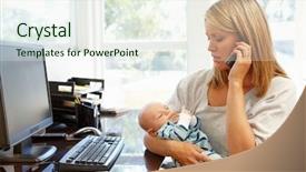  Presentation with working mother - Beautiful PPT theme featuring children business - mother working in home office backdrop and a sky blue colored foreground