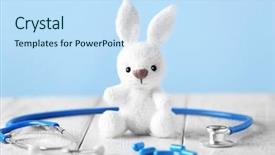 Presentation with bunny - Amazing PPT layouts having children cardiology - toy bunny pills and stethoscope backdrop and a sky blue colored foreground
