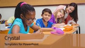  Presentation with students working in groups - Cool new theme with children case study - busy students working on class backdrop and a  colored foreground