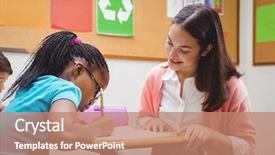  Presentation with school elementary - Audience pleasing slide deck consisting of children case study - happy teacher helping her students backdrop and a coral colored foreground