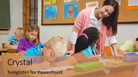  Presentation with teacher and student - Amazing presentation theme having children case study - smiling teacher helping a student backdrop and a  colored foreground