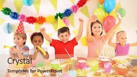  Presentation with cute birthday - Slide set having children celebrating birthday at party background and a coral colored foreground