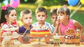  Presentation with children birthday - Slide set having children celebrating birthday in park background and a coral colored foreground