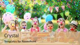  Presentation with children birthday - Presentation design with children celebrating birthday in park background and a coral colored foreground