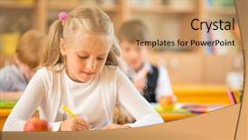  Presentation with school teamwork diversity - Theme consisting of children classroom - little schoolgirl sitting behind school background and a  colored foreground