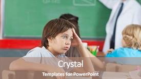  Presentation with sit stand desk - PPT layouts with children classroom - shocked little boy sitting background and a coral colored foreground