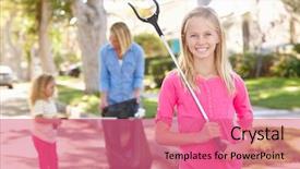  Presentation with ocean litter - PPT theme enhanced with children cleaning - mother and daughters picking up background and a coral colored foreground
