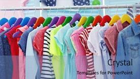  Presentation with clothes shop - Theme with children clothes hanging on hangers background and a teal colored foreground
