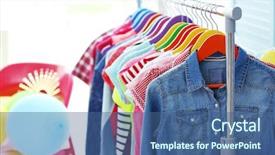  Presentation with clothes shop - PPT theme enhanced with children clothes hanging on hangers background and a ocean colored foreground