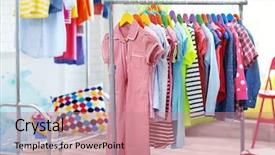  Presentation with clothes shop - Presentation theme enhanced with children clothes hanging on hangers background and a  colored foreground