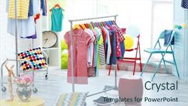  Presentation with clothes shop - Slide set consisting of children clothes hanging on hangers background and a  colored foreground