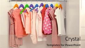  Presentation with clothing wooden clothes hanger object - Slide set consisting of children clothes hanging on hangers background and a  colored foreground