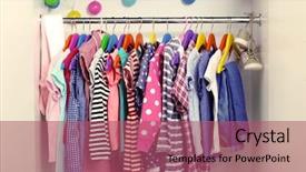  Presentation with clothing wooden clothes hanger object - PPT theme consisting of children clothes hanging on hangers background and a  colored foreground