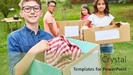  Presentation with clothing - Slide deck featuring children-collecting-donations-with-clothing background and a yellow colored foreground