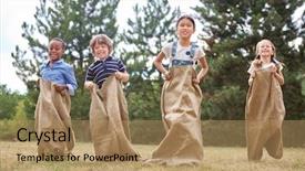  Presentation with race - Beautiful presentation theme featuring children competing at sack race backdrop and a coral colored foreground