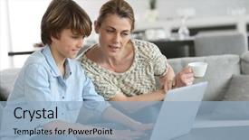  Presentation with homework - Beautiful slide set featuring children computer - mother looking after son doing backdrop and a light blue colored foreground