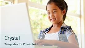  Presentation with young children - Slide deck enhanced with children computer - young girl using laptop background and a sky blue colored foreground