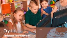  Presentation with video training - Beautiful presentation theme featuring children computer class us backdrop and a coral colored foreground