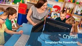  Presentation with children education - Slide deck with children computer class us background and a ocean colored foreground