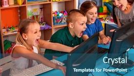  Presentation with video training - Slide deck consisting of children computer class us background and a ocean colored foreground