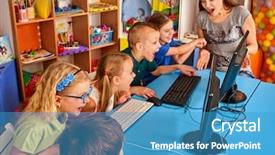  Presentation with virtual class - Audience pleasing presentation theme consisting of children computer class us backdrop and a teal colored foreground