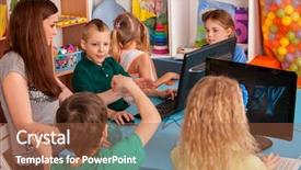  Presentation with video training - Amazing PPT layouts having children computer class us backdrop and a red colored foreground