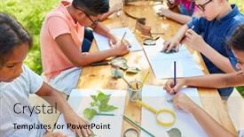  Presentation with camp - PPT theme featuring children-concentrate-on-drawing background and a coral colored foreground