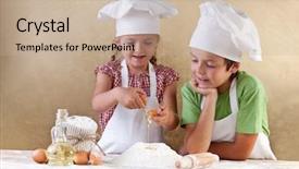  Presentation with cooking kids - Slides enhanced with cooking fun - kids with chef hats preparing background and a mint green colored foreground