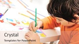  Presentation with creative thinking brain - Colorful theme enhanced with children creativity - cute little boy is drawing backdrop and a coral colored foreground