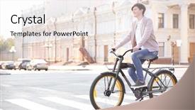  Presentation with bicycle - PPT theme enhanced with children crosswalks - hipster teenager riding bicycle outdoors background and a sky blue colored foreground