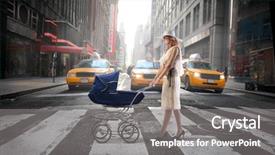  Presentation with city street - Slide deck enhanced with children crosswalks - young mother crossing a city background and a gray colored foreground