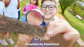  Presentation with magnifying glass - Audience pleasing presentation theme consisting of children-curiously-look-at-tree backdrop and a coral colored foreground