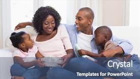  Presentation with living room family - Cool new PPT theme with children day celibration - happy family on the couch backdrop and a ocean colored foreground