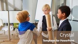  Presentation with children - Amazing presentation theme having children-disguised-as-business-people backdrop and a coral colored foreground