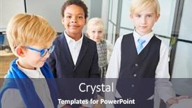  Presentation with multicultural - Theme with children-disguised-as-business-people background and a dark gray colored foreground
