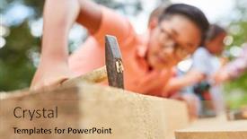  Presentation with summer camp - Theme consisting of children-do-handicrafts-and-work background and a coral colored foreground