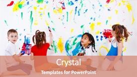 Presentation with preschool - Audience pleasing PPT theme consisting of children drawing - four preschool kids painting backdrop and a coral colored foreground