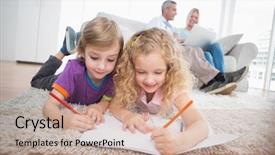  Presentation with children parents - PPT theme featuring children drawing on papers while background and a coral colored foreground
